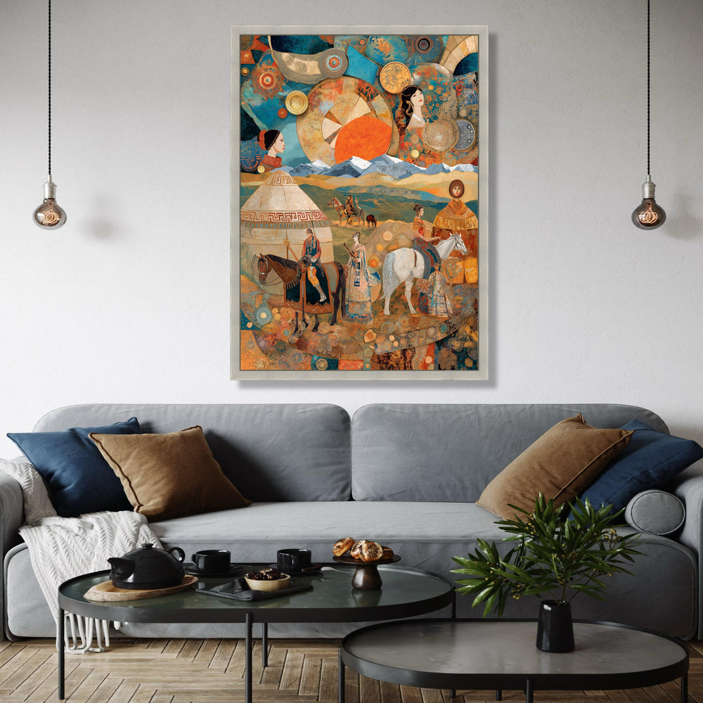 Nomadic Life Scene Canvas, Ethnic People on Horses Wall Art, Traditional Culture Illustration, Mountain Gift Art, Home Decor, Print