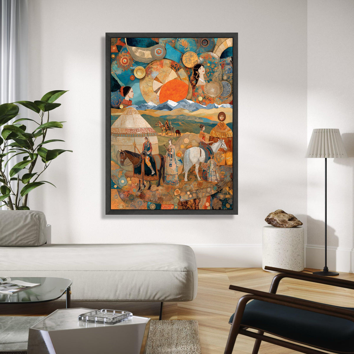 Nomadic Life Scene Canvas, Ethnic People on Horses Wall Art, Traditional Culture Illustration, Mountain Gift Art, Home Decor, Print