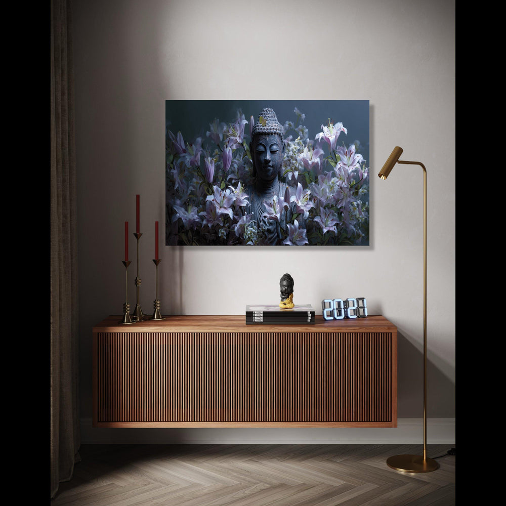 Tranquil Buddha Statue with Lilies, Zen Garden Canvas Wall Art, Floral Meditation Decor, Peaceful Spiritual Gift Art, Home Decor, Print