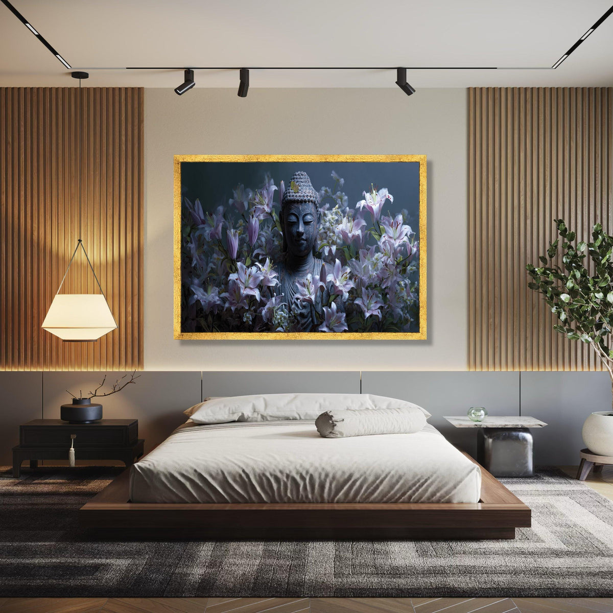 Tranquil Buddha Statue with Lilies, Zen Garden Canvas Wall Art, Floral Meditation Decor, Peaceful Spiritual Gift Art, Home Decor, Print