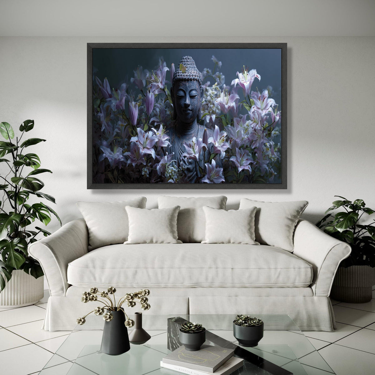 Tranquil Buddha Statue with Lilies, Zen Garden Canvas Wall Art, Floral Meditation Decor, Peaceful Spiritual Gift Art, Home Decor, Print