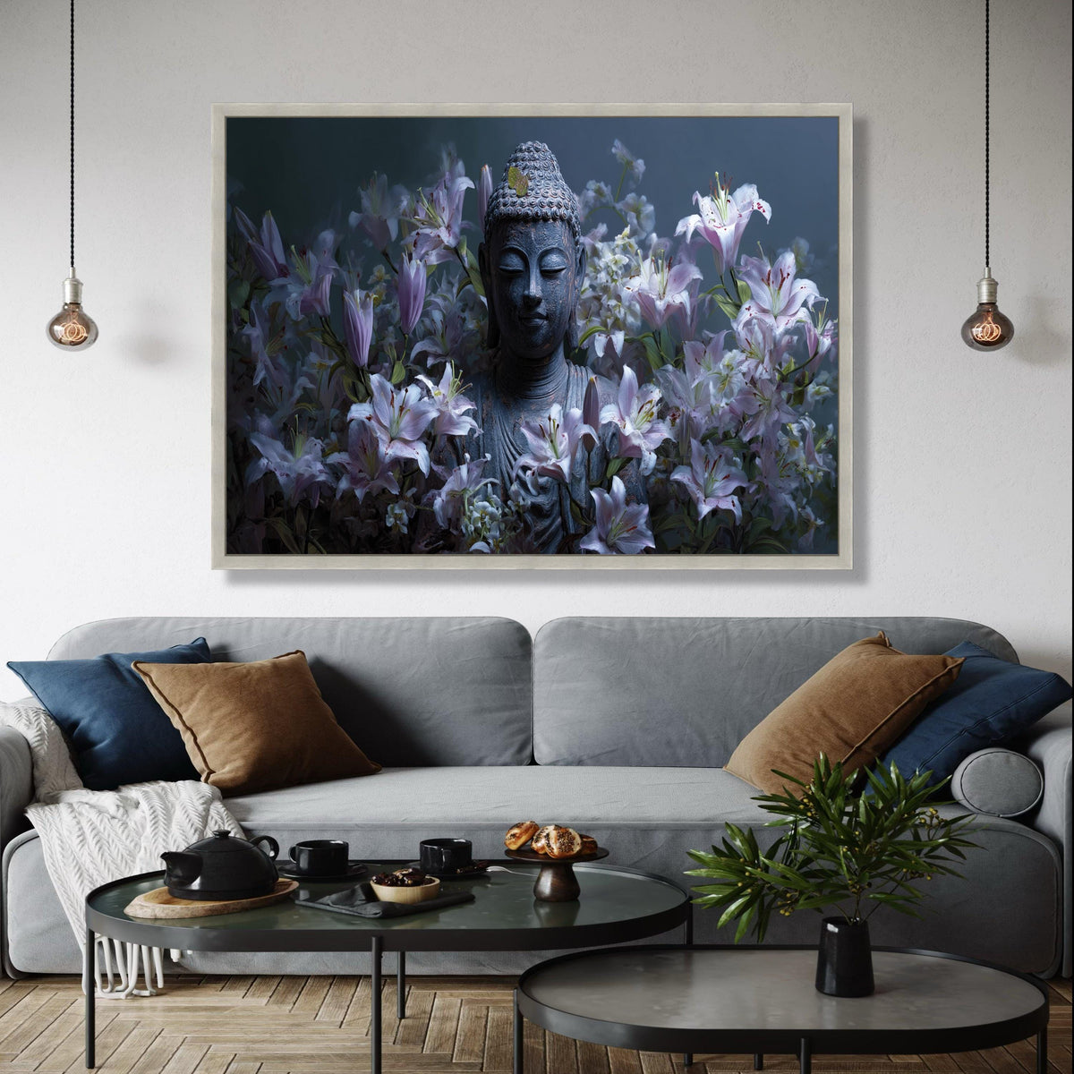 Tranquil Buddha Statue with Lilies, Zen Garden Canvas Wall Art, Floral Meditation Decor, Peaceful Spiritual Gift Art, Home Decor, Print