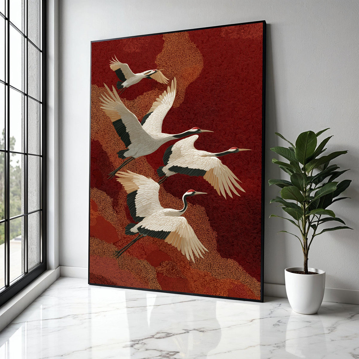 Elegant Red-Crowned Cranes Flying, Asian Inspired Canvas Wall Art, Nature Bird Illustration, Oriental Style Home Gift Art, Home Decor, Print
