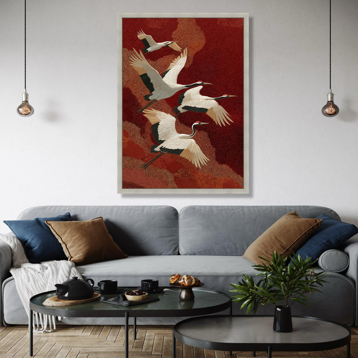 Elegant Red-Crowned Cranes Flying, Asian Inspired Canvas Wall Art, Nature Bird Illustration, Oriental Style Home Gift Art, Home Decor, Print