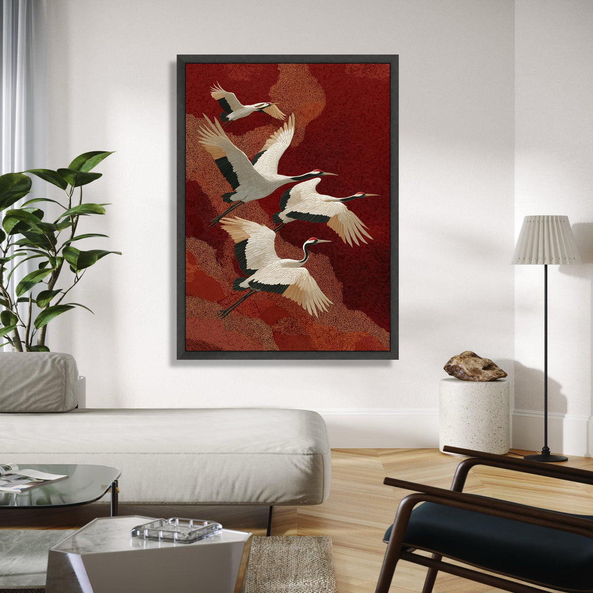 Elegant Red-Crowned Cranes Flying, Asian Inspired Canvas Wall Art, Nature Bird Illustration, Oriental Style Home Gift Art, Home Decor, Print