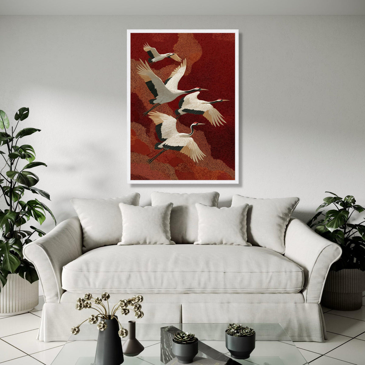 Elegant Red-Crowned Cranes Flying, Asian Inspired Canvas Wall Art, Nature Bird Illustration, Oriental Style Home Gift Art, Home Decor, Print