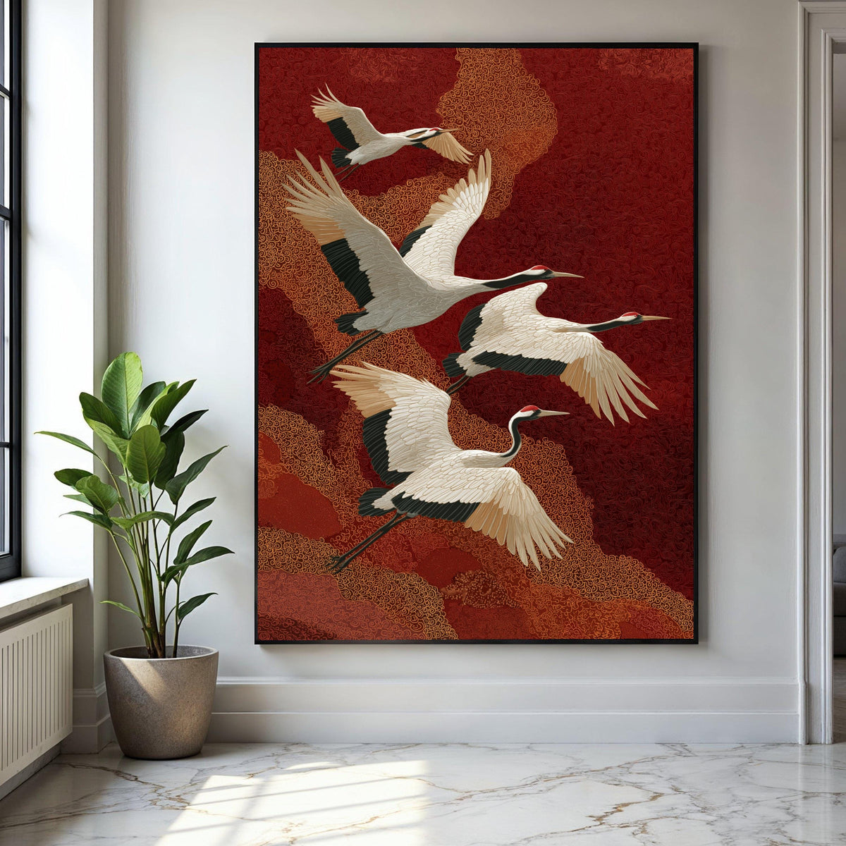 Elegant Red-Crowned Cranes Flying, Asian Inspired Canvas Wall Art, Nature Bird Illustration, Oriental Style Home Gift Art, Home Decor, Print