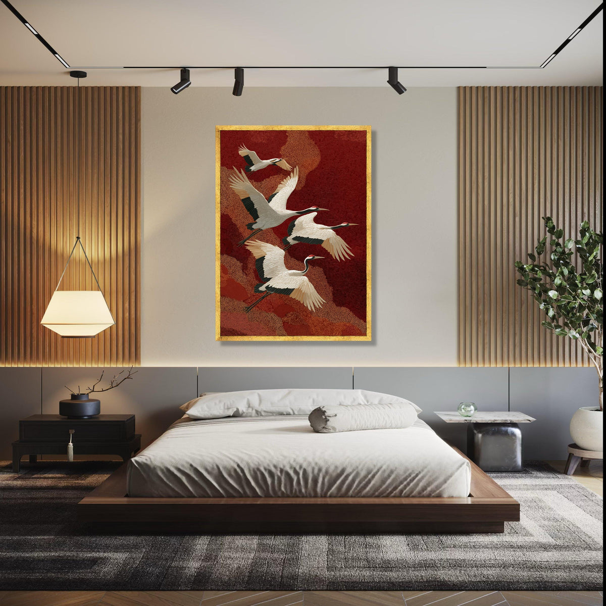 Elegant Red-Crowned Cranes Flying, Asian Inspired Canvas Wall Art, Nature Bird Illustration, Oriental Style Home Gift Art, Home Decor, Print