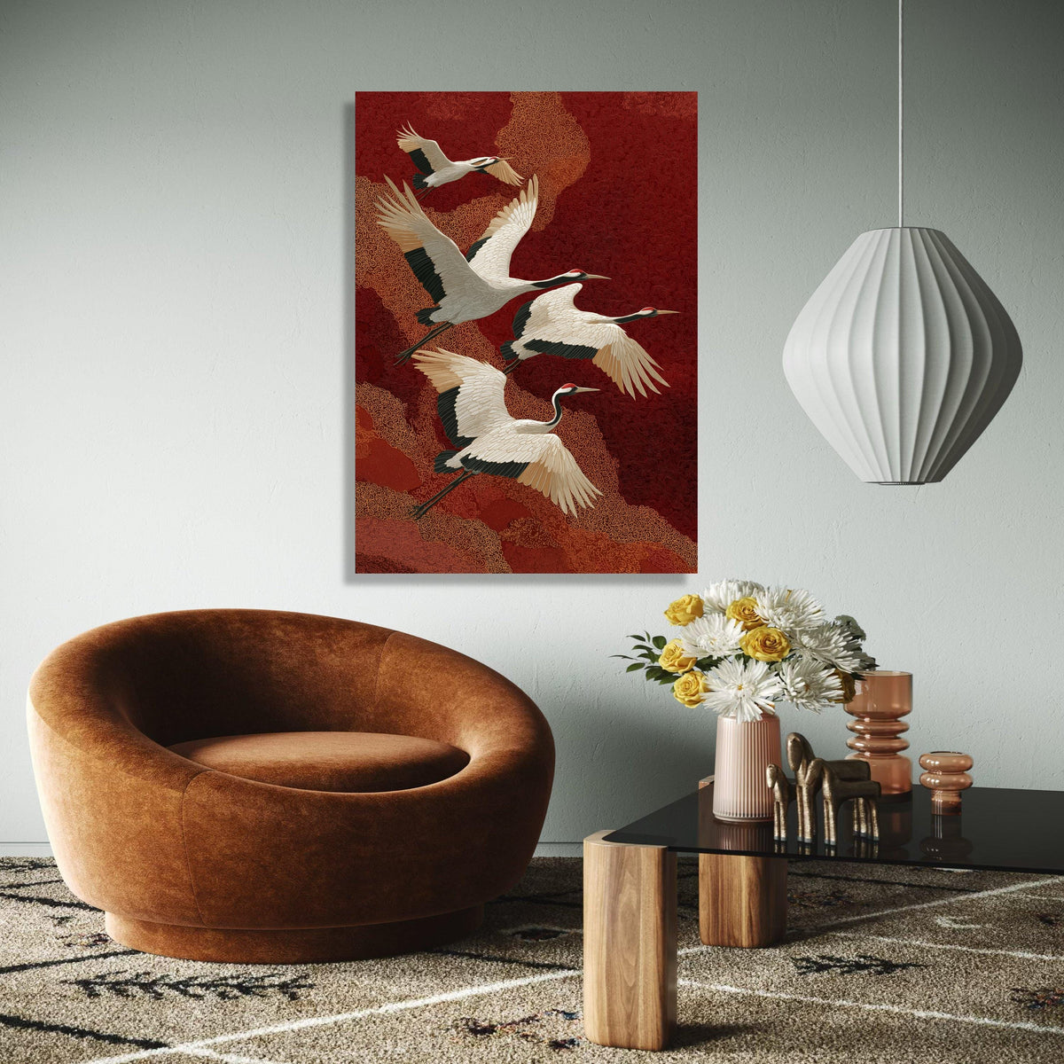 Elegant Red-Crowned Cranes Flying, Asian Inspired Canvas Wall Art, Nature Bird Illustration, Oriental Style Home Gift Art, Home Decor, Print