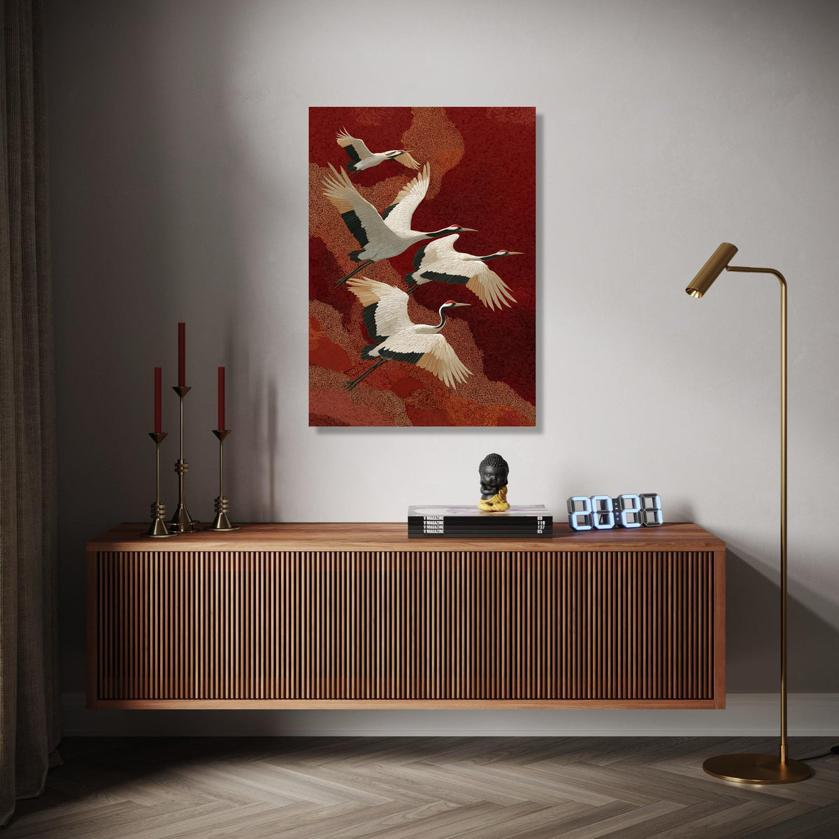 Elegant Red-Crowned Cranes Flying, Asian Inspired Canvas Wall Art, Nature Bird Illustration, Oriental Style Home Gift Art, Home Decor, Print