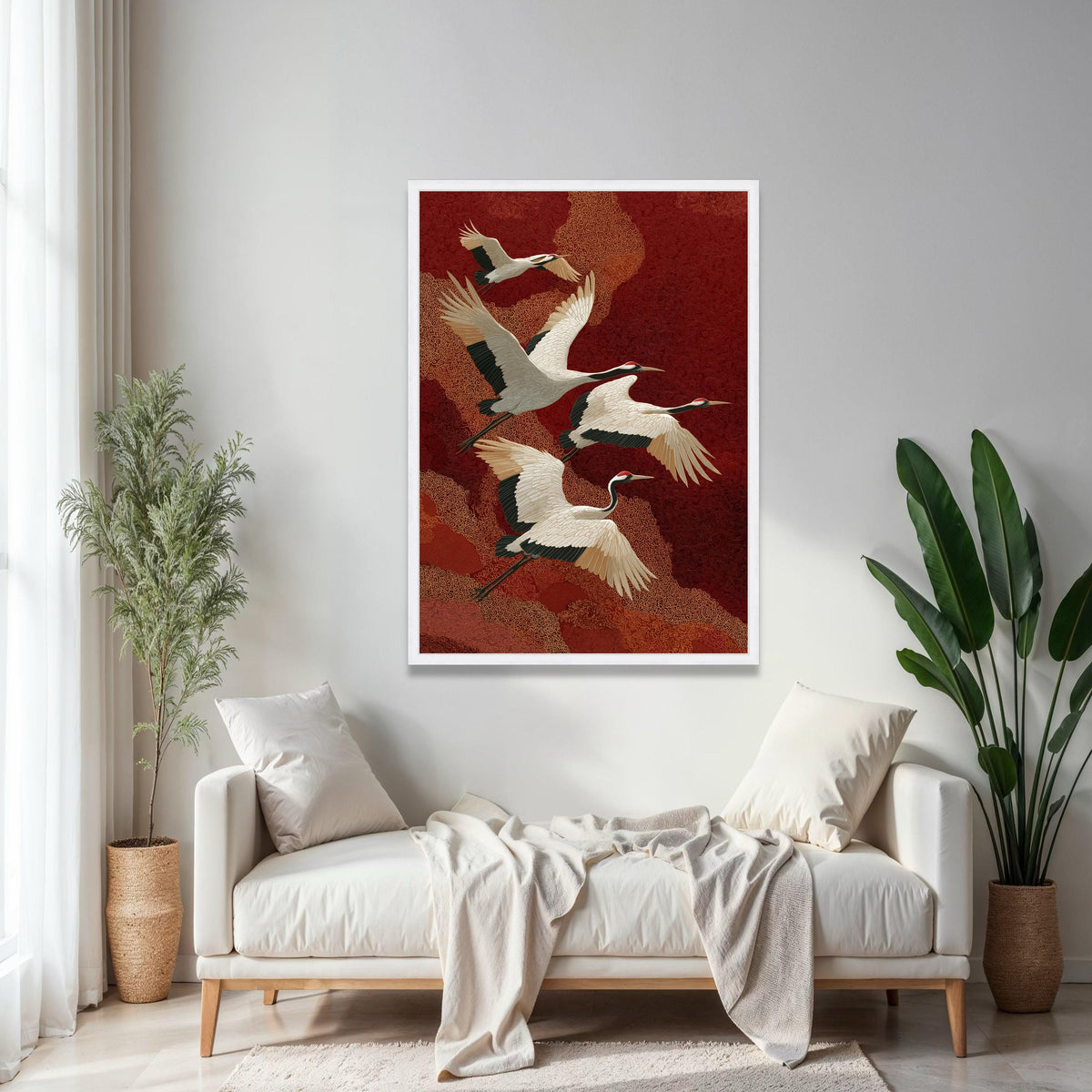 Elegant Red-Crowned Cranes Flying, Asian Inspired Canvas Wall Art, Nature Bird Illustration, Oriental Style Home Gift Art, Home Decor, Print