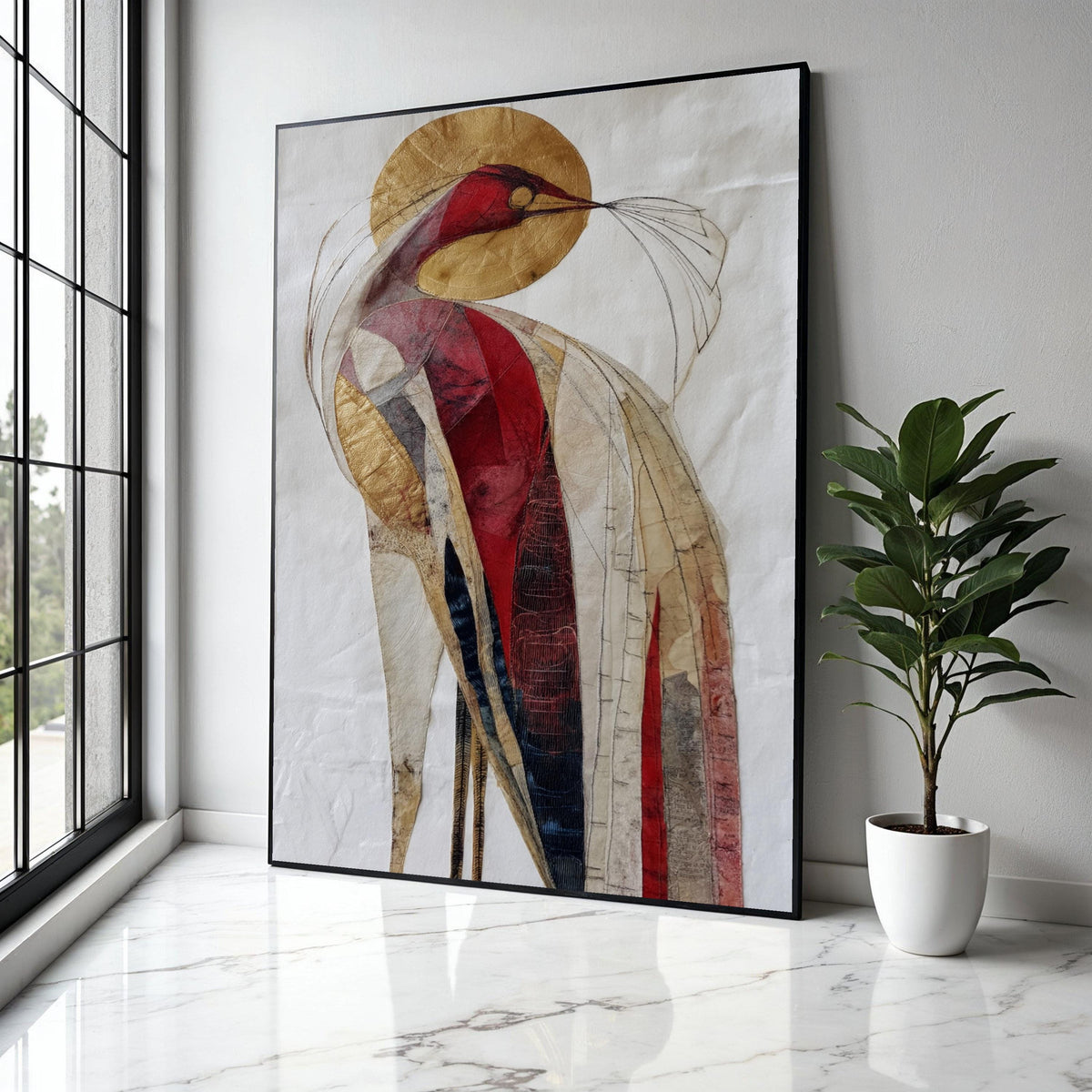 Abstract Bird Canvas Wall Art, Modern Red Gold Bird Painting, Contemporary Animal Art, Unique Home Decoration, Gift Art, Home Decor, Print