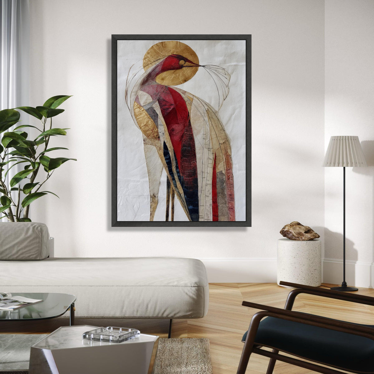 Abstract Bird Canvas Wall Art, Modern Red Gold Bird Painting, Contemporary Animal Art, Unique Home Decoration, Gift Art, Home Decor, Print