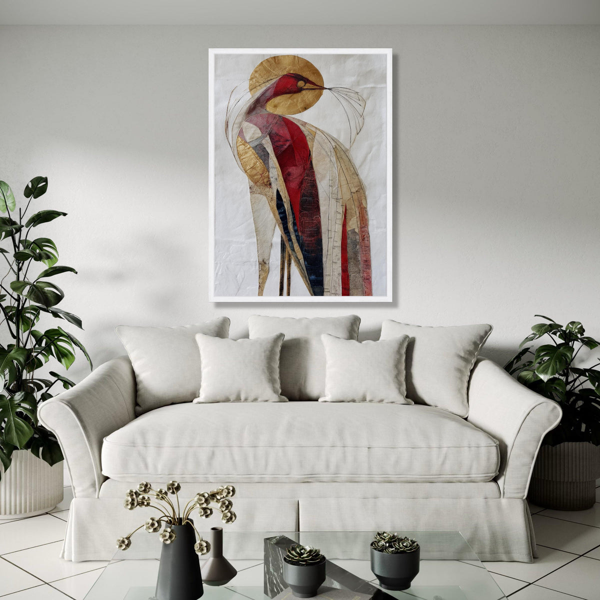 Abstract Bird Canvas Wall Art, Modern Red Gold Bird Painting, Contemporary Animal Art, Unique Home Decoration, Gift Art, Home Decor, Print