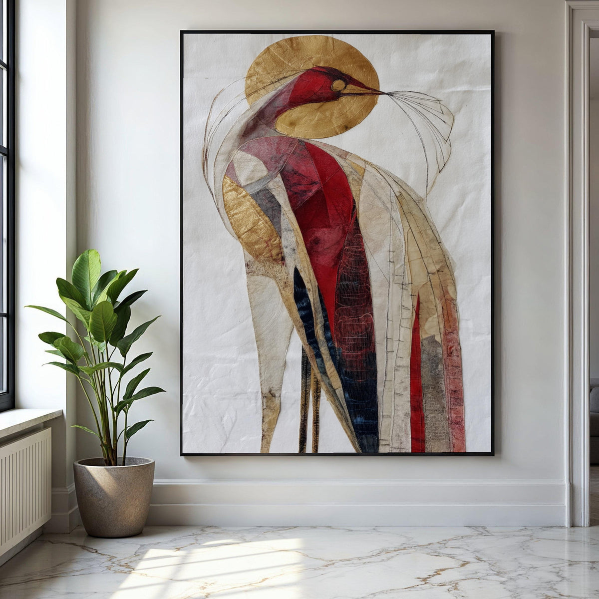 Abstract Bird Canvas Wall Art, Modern Red Gold Bird Painting, Contemporary Animal Art, Unique Home Decoration, Gift Art, Home Decor, Print