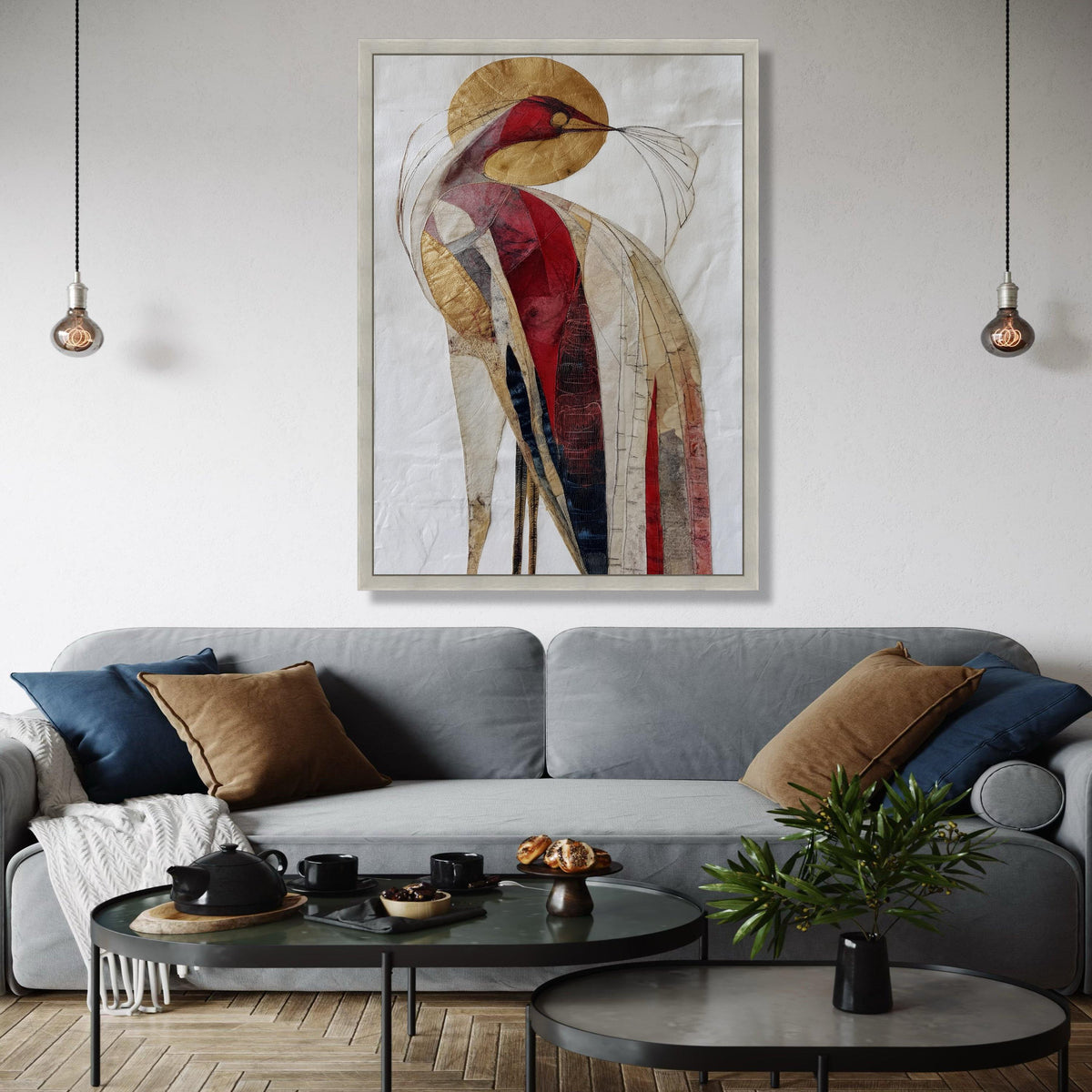 Abstract Bird Canvas Wall Art, Modern Red Gold Bird Painting, Contemporary Animal Art, Unique Home Decoration, Gift Art, Home Decor, Print
