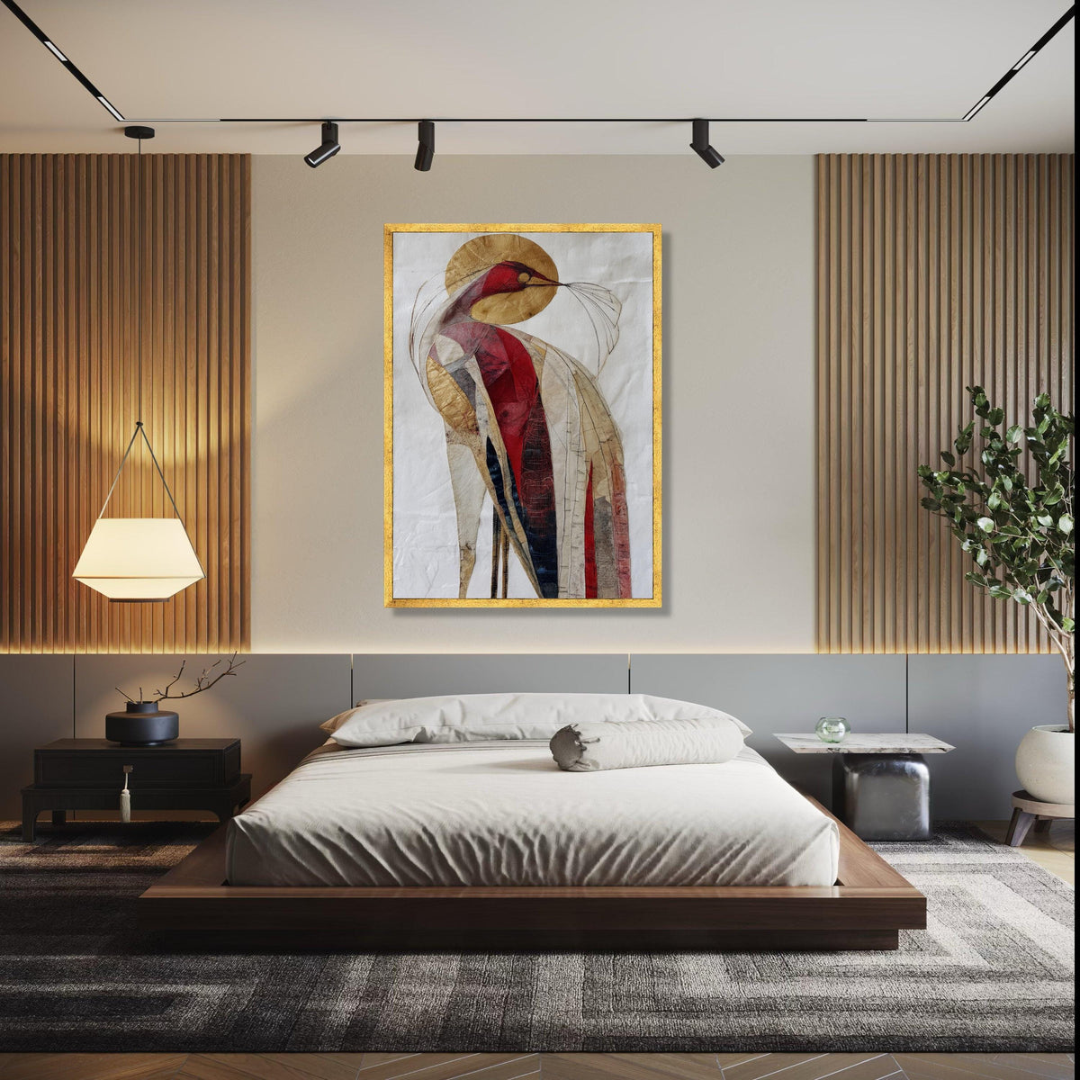 Abstract Bird Canvas Wall Art, Modern Red Gold Bird Painting, Contemporary Animal Art, Unique Home Decoration, Gift Art, Home Decor, Print