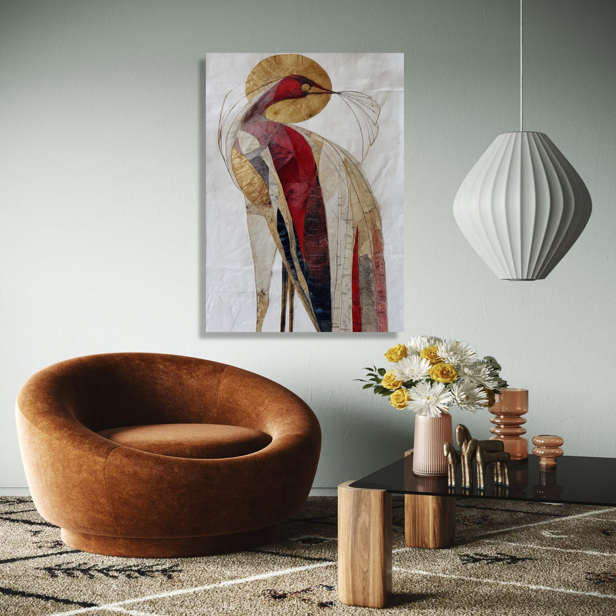 Abstract Bird Canvas Wall Art, Modern Red Gold Bird Painting, Contemporary Animal Art, Unique Home Decoration, Gift Art, Home Decor, Print