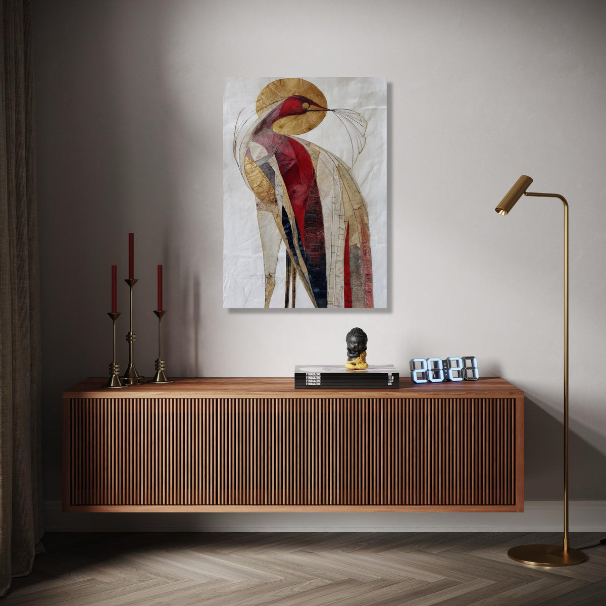 Abstract Bird Canvas Wall Art, Modern Red Gold Bird Painting, Contemporary Animal Art, Unique Home Decoration, Gift Art, Home Decor, Print