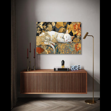 Sleeping White Cat Canvas, Golden Floral Wall Art, Moonlit Night Decoration, Elegant Animal Canvas, Home Decor Gift Art, Home Decor, Print