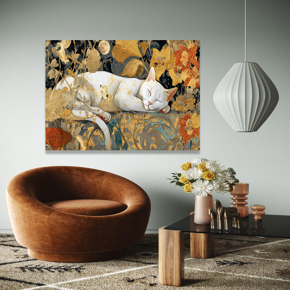 Sleeping White Cat Canvas, Golden Floral Wall Art, Moonlit Night Decoration, Elegant Animal Canvas, Home Decor Gift Art, Home Decor, Print