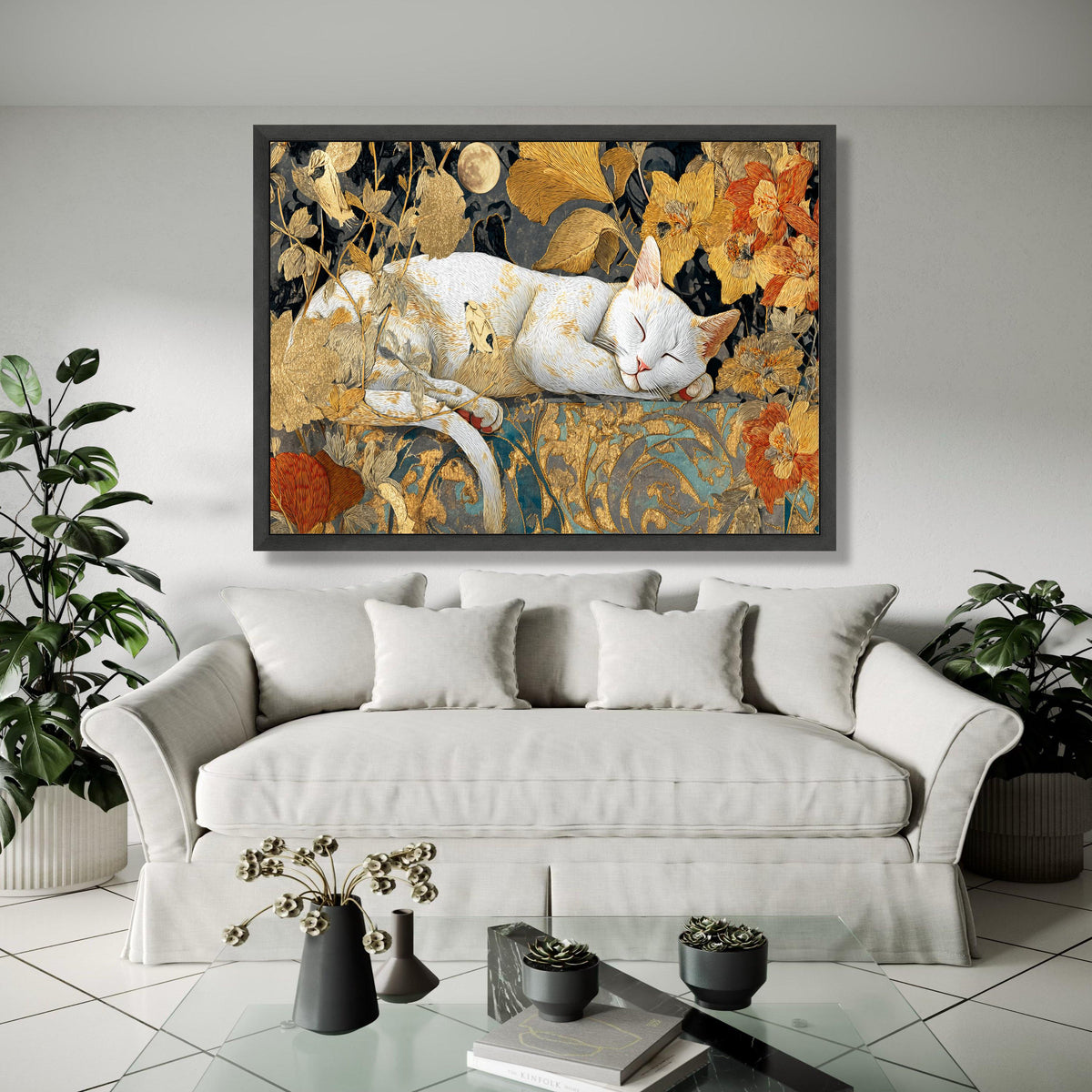 Sleeping White Cat Canvas, Golden Floral Wall Art, Moonlit Night Decoration, Elegant Animal Canvas, Home Decor Gift Art, Home Decor, Print