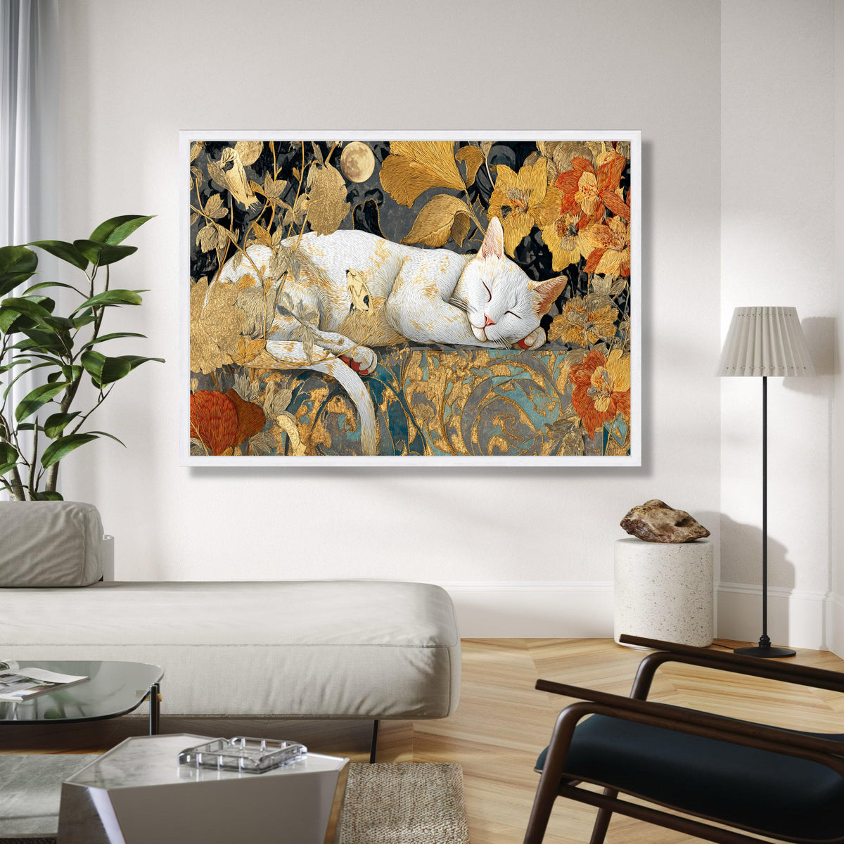 Sleeping White Cat Canvas, Golden Floral Wall Art, Moonlit Night Decoration, Elegant Animal Canvas, Home Decor Gift Art, Home Decor, Print