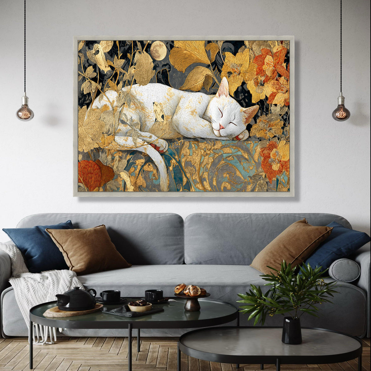 Sleeping White Cat Canvas, Golden Floral Wall Art, Moonlit Night Decoration, Elegant Animal Canvas, Home Decor Gift Art, Home Decor, Print