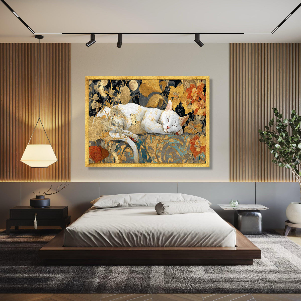 Sleeping White Cat Canvas, Golden Floral Wall Art, Moonlit Night Decoration, Elegant Animal Canvas, Home Decor Gift Art, Home Decor, Print