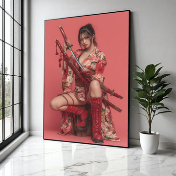 Floral Kimono Woman with Katana Swords Canvas, Red Warrior Art, Japanese Style Wall Decor, Modern Samurai Canvas Gift Art, Home Decor, Print