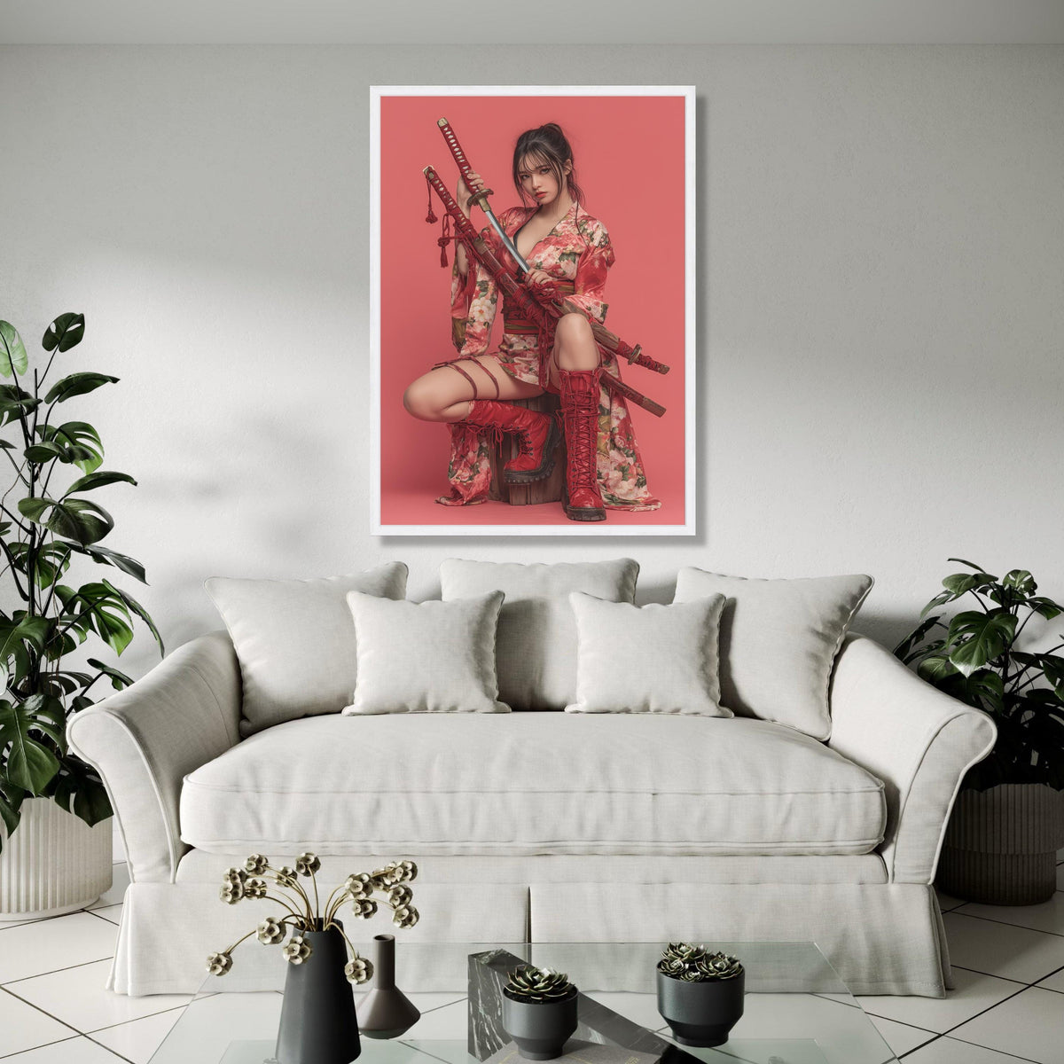Floral Kimono Woman with Katana Swords Canvas, Red Warrior Art, Japanese Style Wall Decor, Modern Samurai Canvas Gift Art, Home Decor, Print