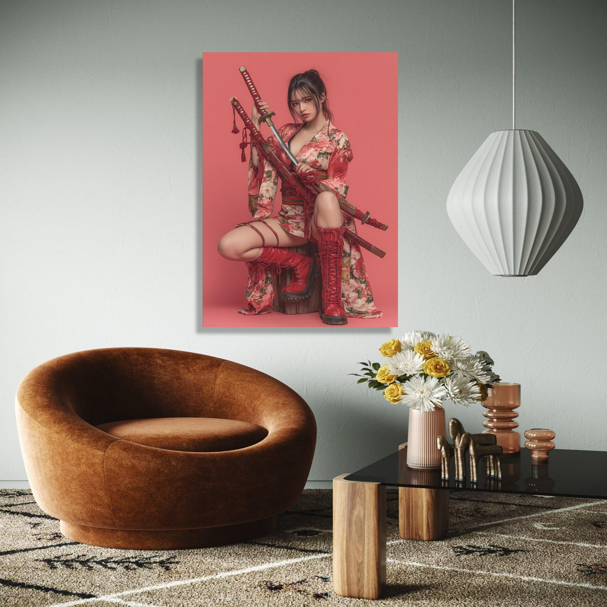 Floral Kimono Woman with Katana Swords Canvas, Red Warrior Art, Japanese Style Wall Decor, Modern Samurai Canvas Gift Art, Home Decor, Print