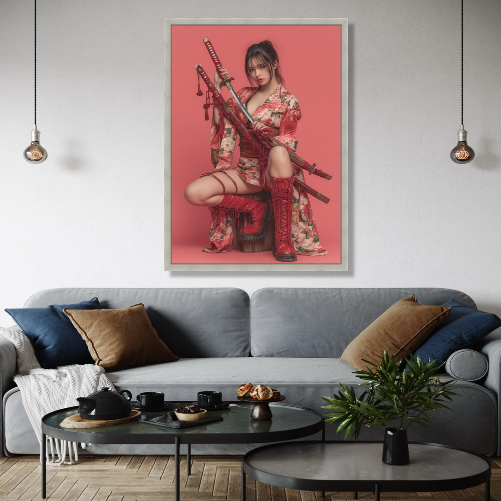Floral Kimono Woman with Katana Swords Canvas, Red Warrior Art, Japanese Style Wall Decor, Modern Samurai Canvas Gift Art, Home Decor, Print