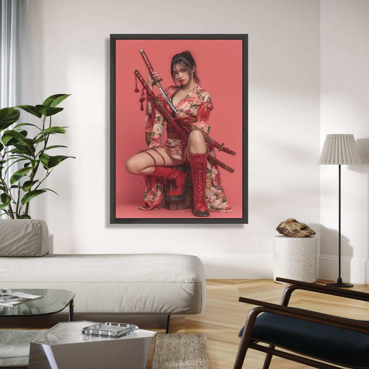 Floral Kimono Woman with Katana Swords Canvas, Red Warrior Art, Japanese Style Wall Decor, Modern Samurai Canvas Gift Art, Home Decor, Print