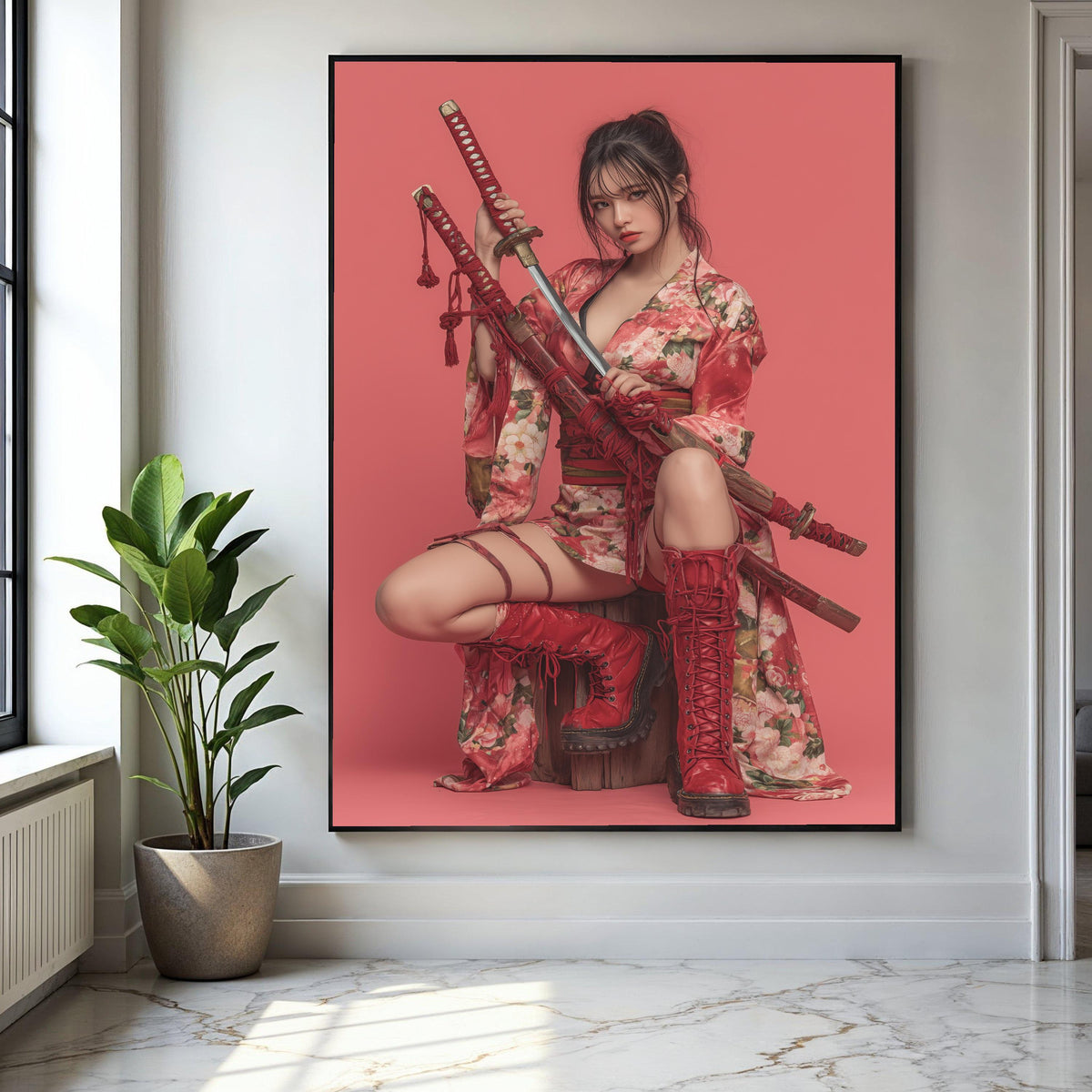 Floral Kimono Woman with Katana Swords Canvas, Red Warrior Art, Japanese Style Wall Decor, Modern Samurai Canvas Gift Art, Home Decor, Print