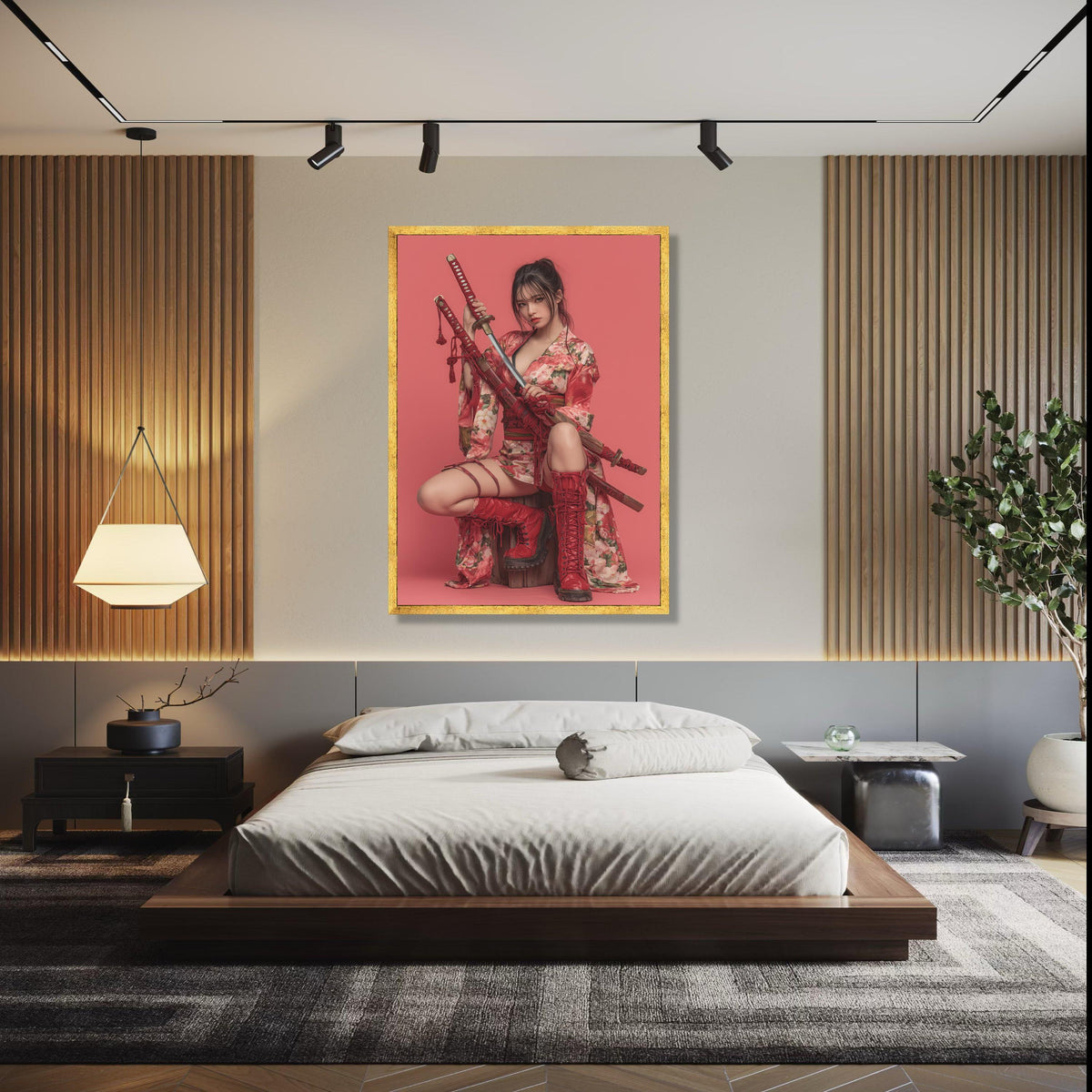 Floral Kimono Woman with Katana Swords Canvas, Red Warrior Art, Japanese Style Wall Decor, Modern Samurai Canvas Gift Art, Home Decor, Print