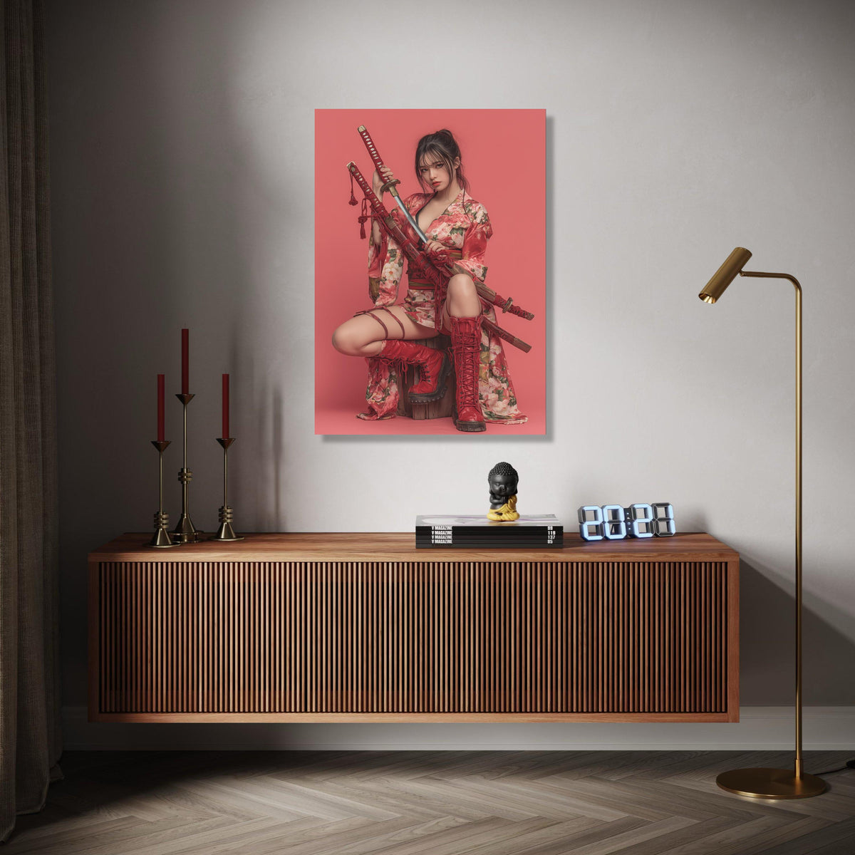 Floral Kimono Woman with Katana Swords Canvas, Red Warrior Art, Japanese Style Wall Decor, Modern Samurai Canvas Gift Art, Home Decor, Print