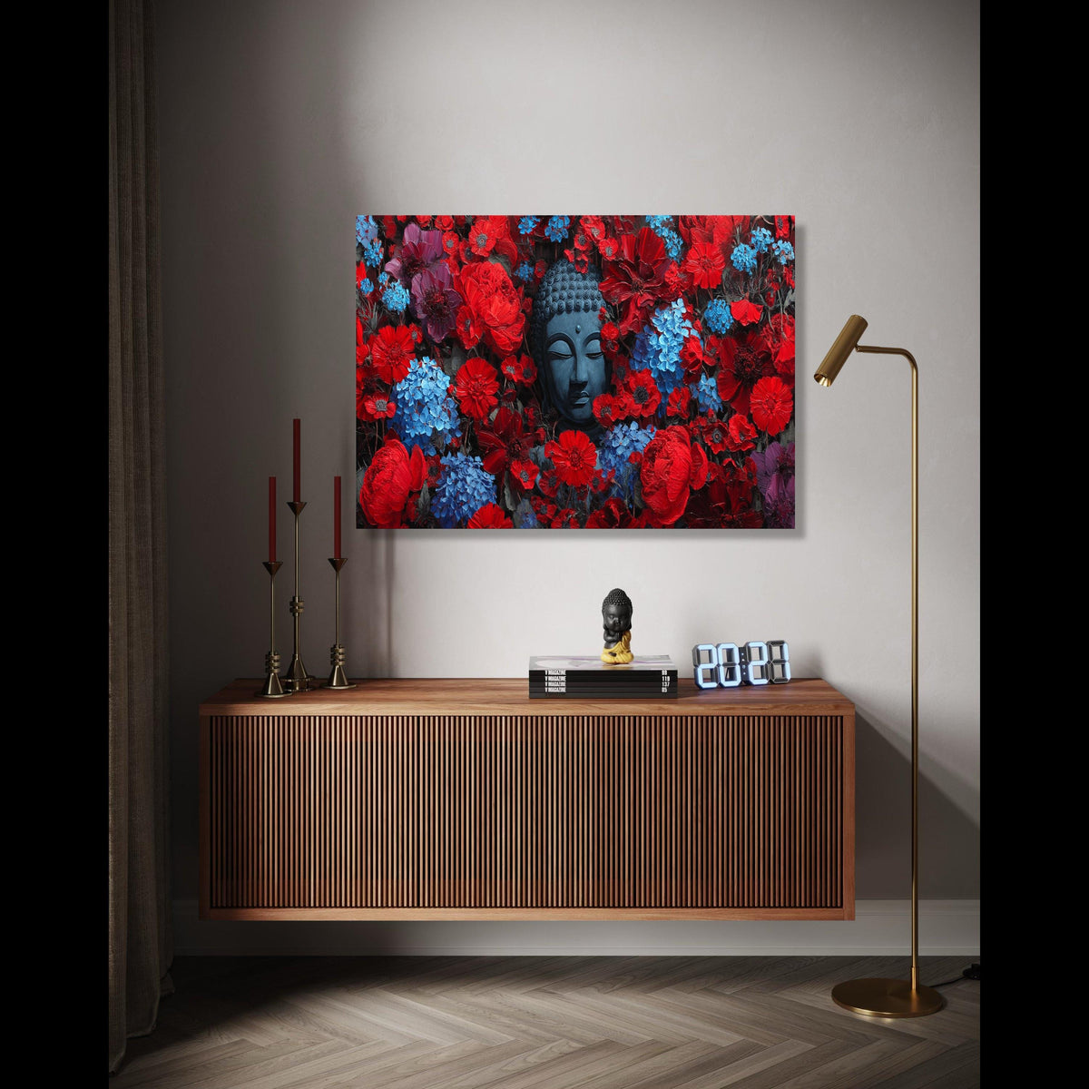 Tranquil Buddha Head in Red and Blue Floral Canvas, Zen Wall Art, Meditation Decor, Spiritual Home Decoration, Gift Art, Home Decor, Print