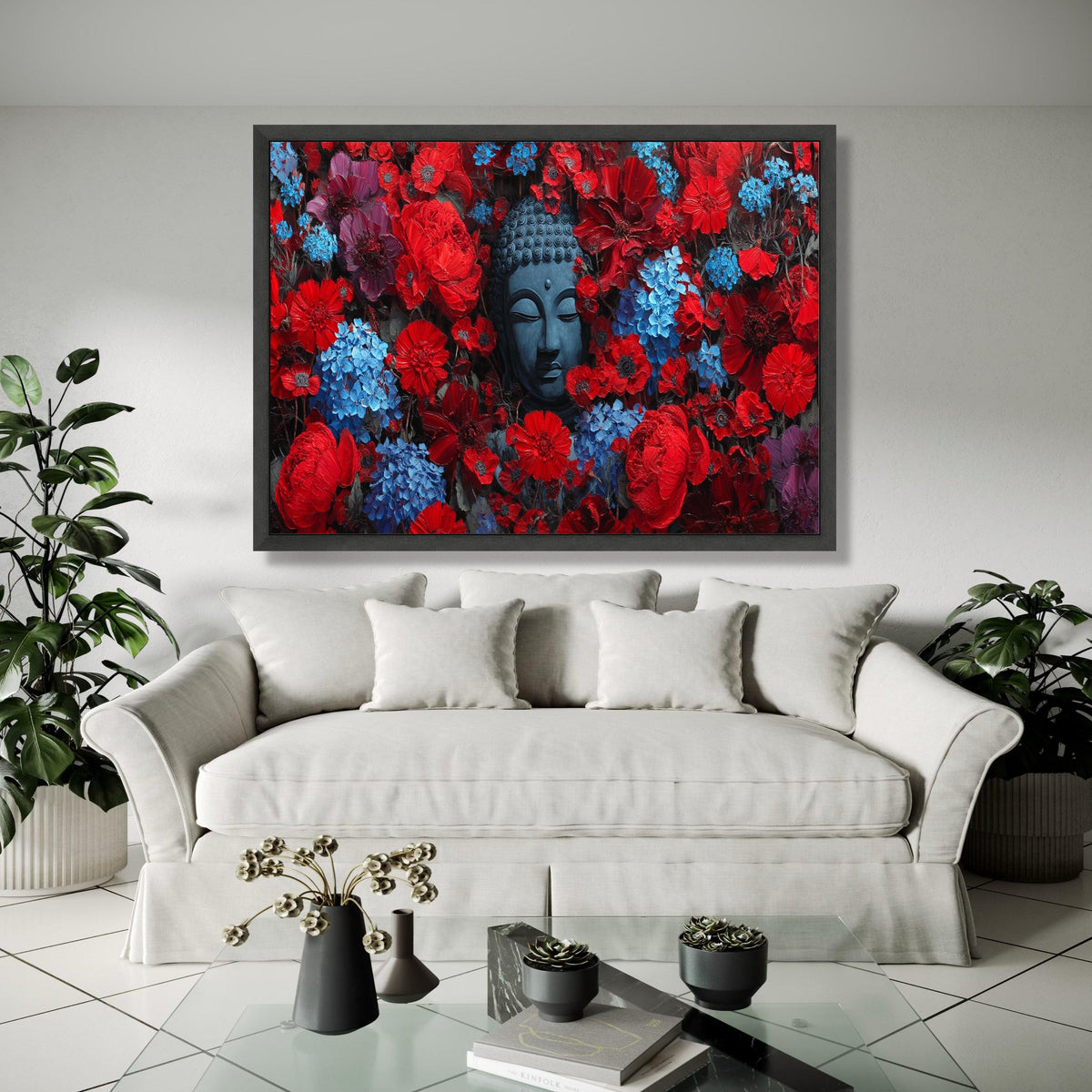 Tranquil Buddha Head in Red and Blue Floral Canvas, Zen Wall Art, Meditation Decor, Spiritual Home Decoration, Gift Art, Home Decor, Print