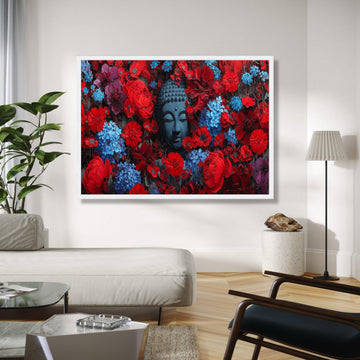 Tranquil Buddha Head in Red and Blue Floral Canvas, Zen Wall Art, Meditation Decor, Spiritual Home Decoration, Gift Art, Home Decor, Print