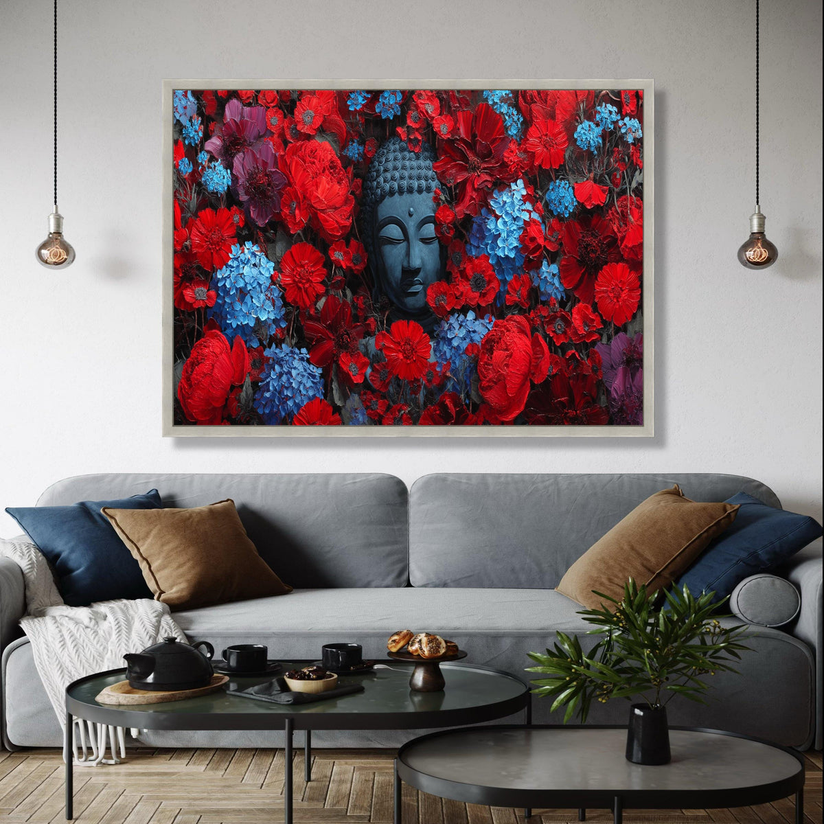 Tranquil Buddha Head in Red and Blue Floral Canvas, Zen Wall Art, Meditation Decor, Spiritual Home Decoration, Gift Art, Home Decor, Print