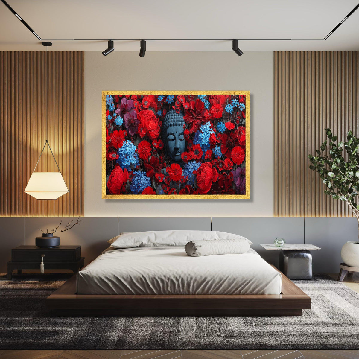 Tranquil Buddha Head in Red and Blue Floral Canvas, Zen Wall Art, Meditation Decor, Spiritual Home Decoration, Gift Art, Home Decor, Print