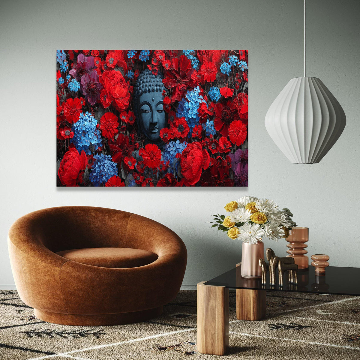Tranquil Buddha Head in Red and Blue Floral Canvas, Zen Wall Art, Meditation Decor, Spiritual Home Decoration, Gift Art, Home Decor, Print