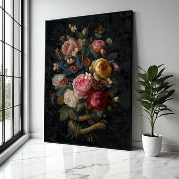 Vintage Floral Bouquet Canvas Wall Art, Dark Background Flowers, Victorian Style Roses Painting, Elegant Home Gift Art, Home Decor, Print