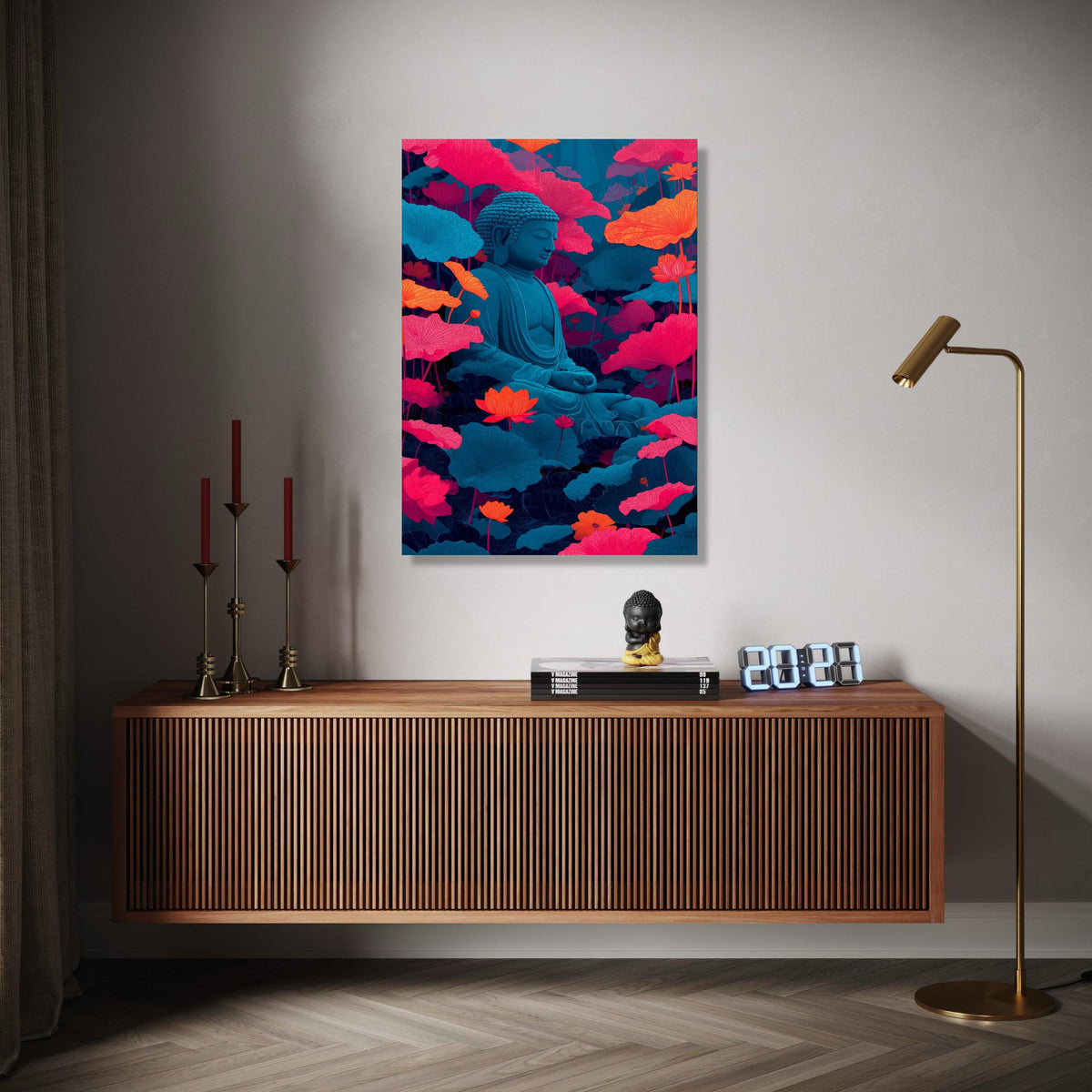 Serene Buddha Statue Canvas, Lotus Flower Meditation Art, Tranquil Zen Wall Decor, Spiritual Canvas Print, Gift Art, Home Decor, Print