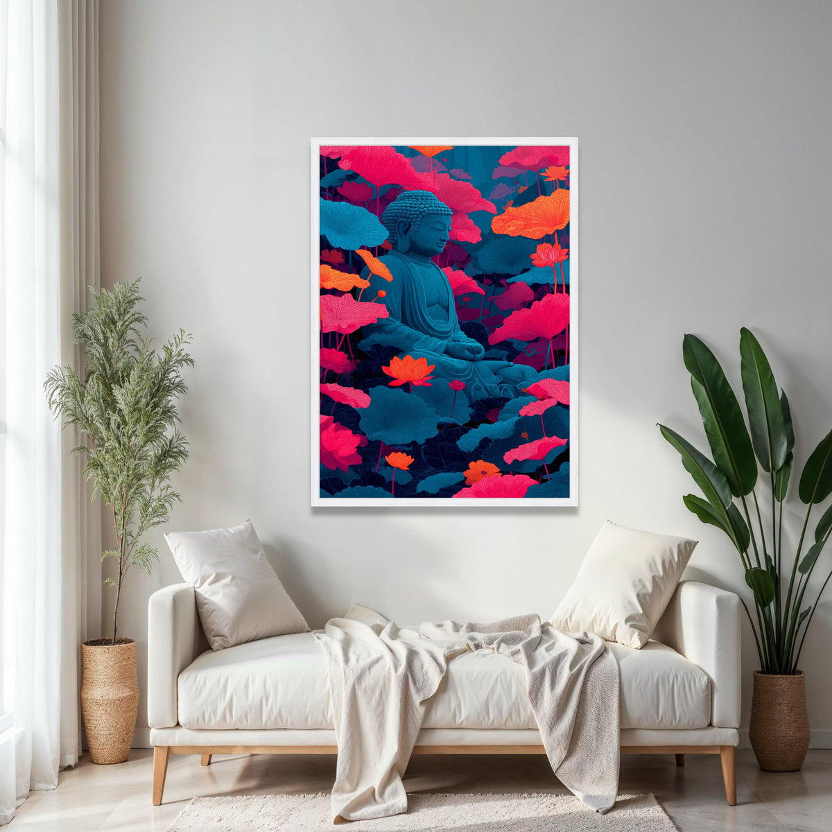 Serene Buddha Statue Canvas, Lotus Flower Meditation Art, Tranquil Zen Wall Decor, Spiritual Canvas Print, Gift Art, Home Decor, Print