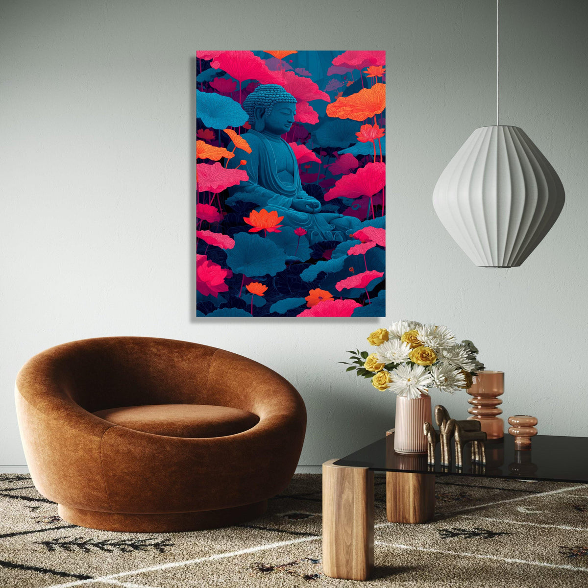 Serene Buddha Statue Canvas, Lotus Flower Meditation Art, Tranquil Zen Wall Decor, Spiritual Canvas Print, Gift Art, Home Decor, Print