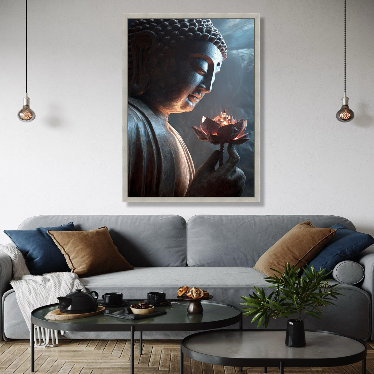 Serene Buddha Statue Canvas, Lotus Flower with City Light, Spiritual Meditation Wall Art, Zen Home Decor, Gift Art, Home Decor, Print