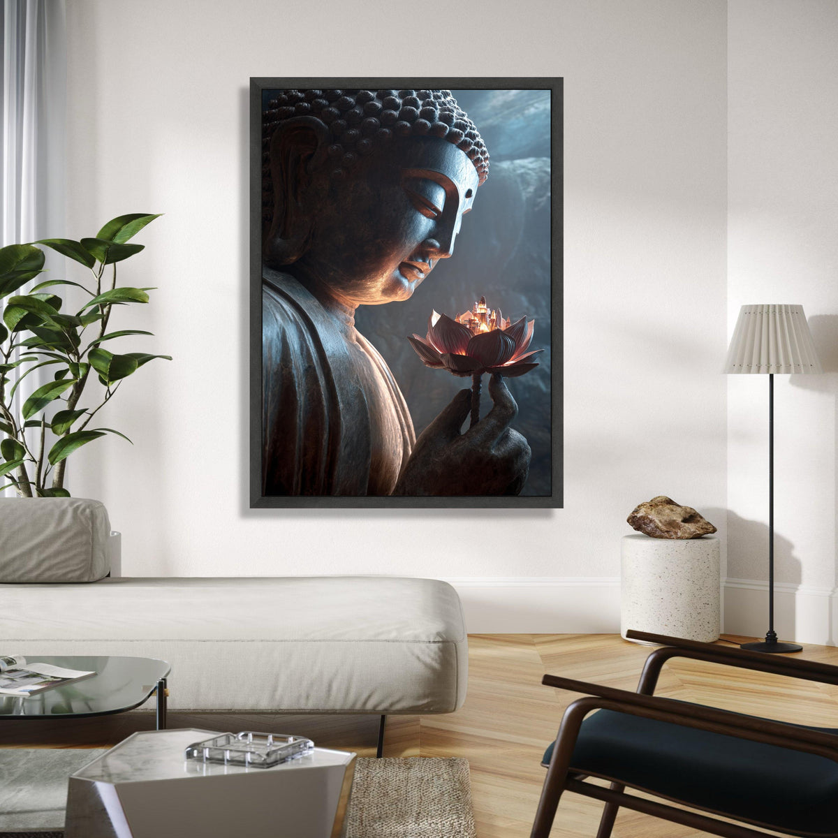 Serene Buddha Statue Canvas, Lotus Flower with City Light, Spiritual Meditation Wall Art, Zen Home Decor, Gift Art, Home Decor, Print