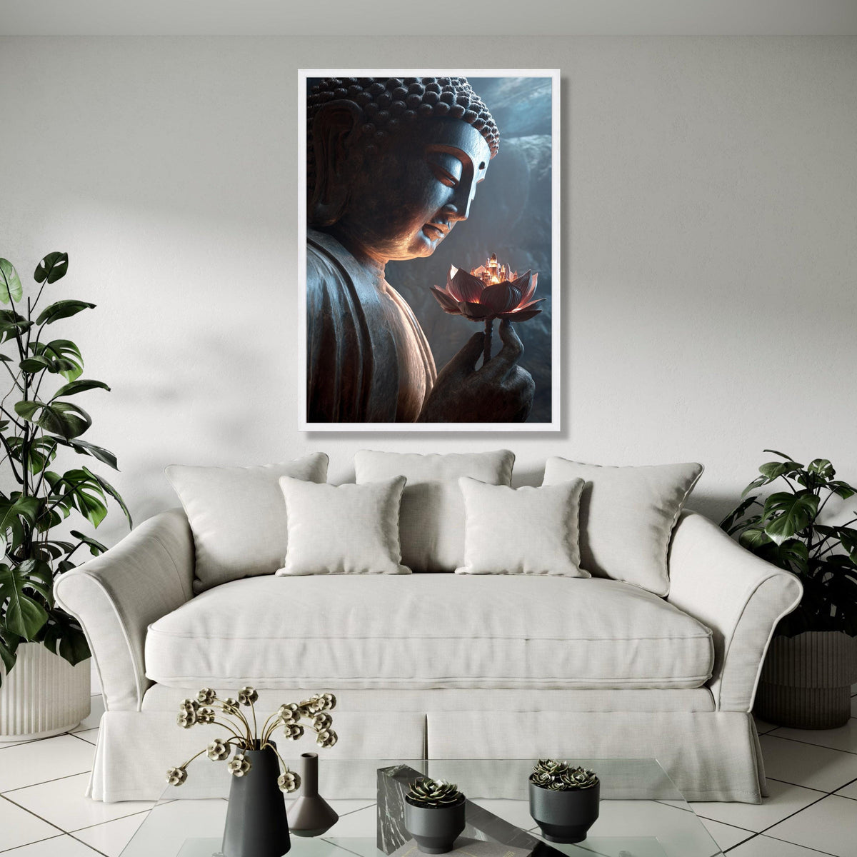 Serene Buddha Statue Canvas, Lotus Flower with City Light, Spiritual Meditation Wall Art, Zen Home Decor, Gift Art, Home Decor, Print